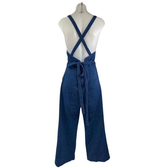 Marine Layer Blue Sleeveless Square Neck Crossback Wide Leg Denim Jumpsuit Sz M - Picture 2 of 4